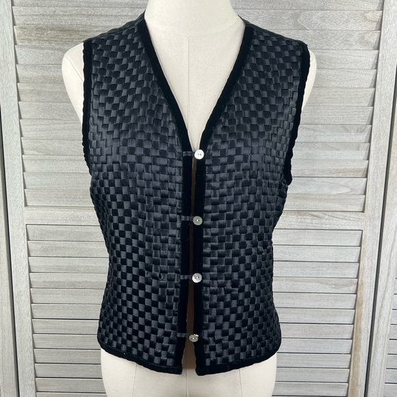 ANN TJIAN (for Kenar) Vest 100% Silk Basketweave w Velvet Trim Black-Medium - Picture 1 of 2
